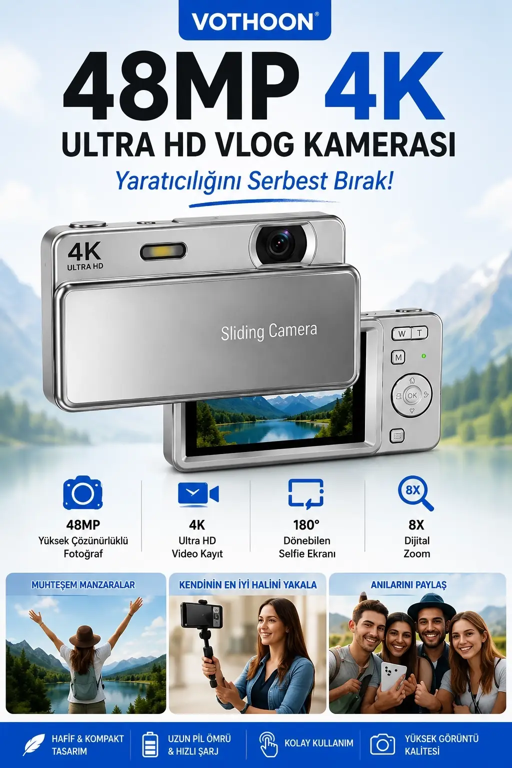 Dijital Kamera 4k Hd 48mp 16x Zoom Flaşlı Kayar Retro Video Kamera 2.8’’ Ekran 64gb Sd Kart Hediyeli Gümüş