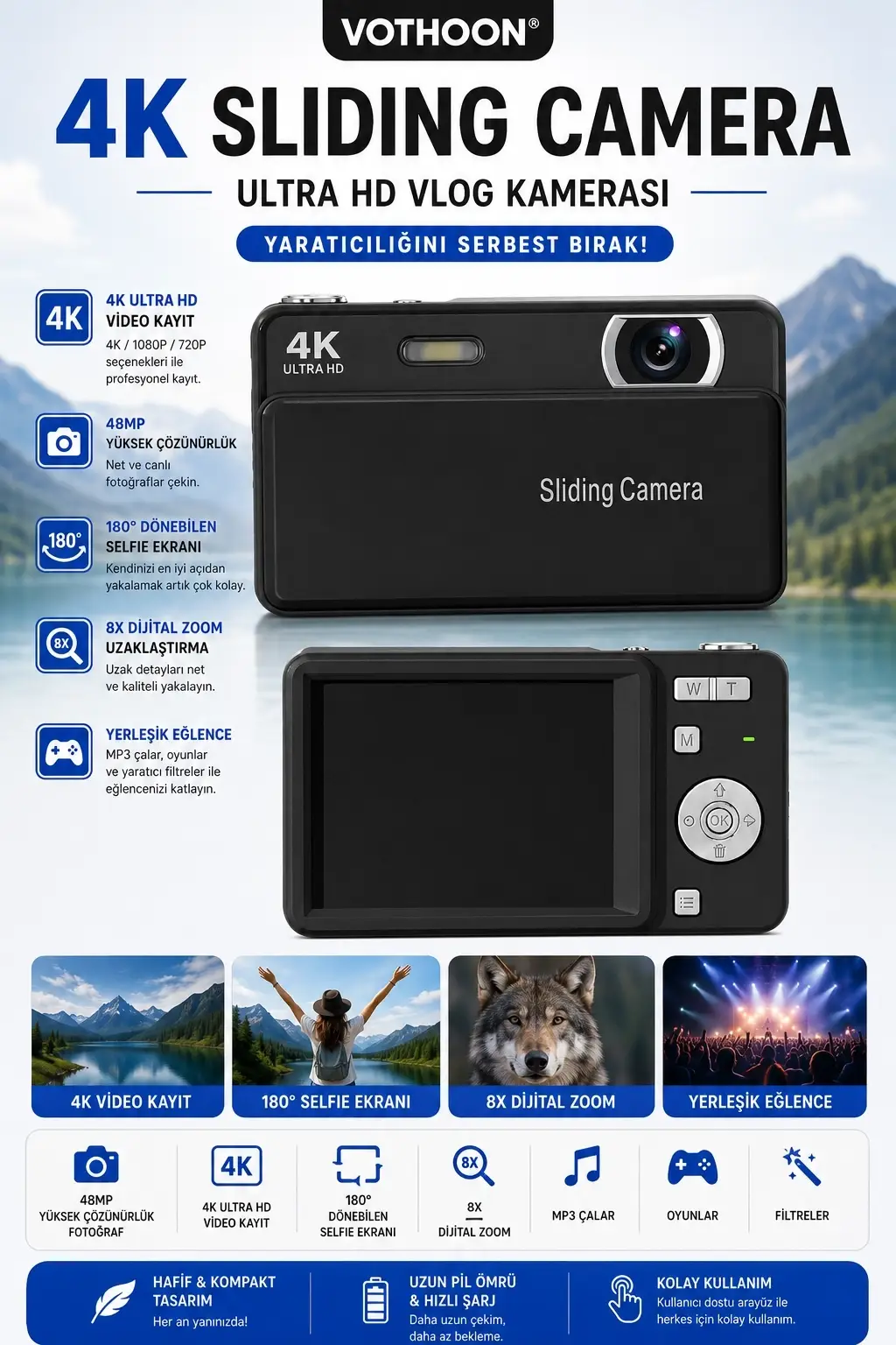 Dijital Kamera 4k Hd 48mp 16x Zoom Flaşlı Kayar Retro Video Kamera 2.8’’ Ekran 64gb Sd Kart Hediyeli Siyah