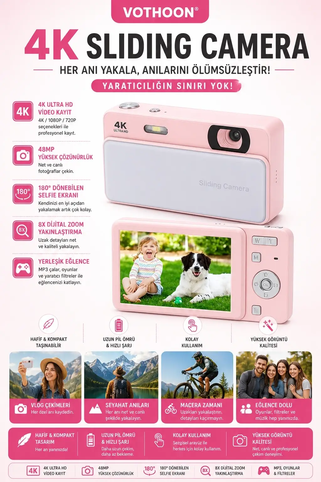 Dijital Kamera 4k Hd 48mp 16x Zoom Flaşlı Kayar Retro Video Kamera 2.8’’ Ekran 64gb Sd Kart Hediyeli Pembe